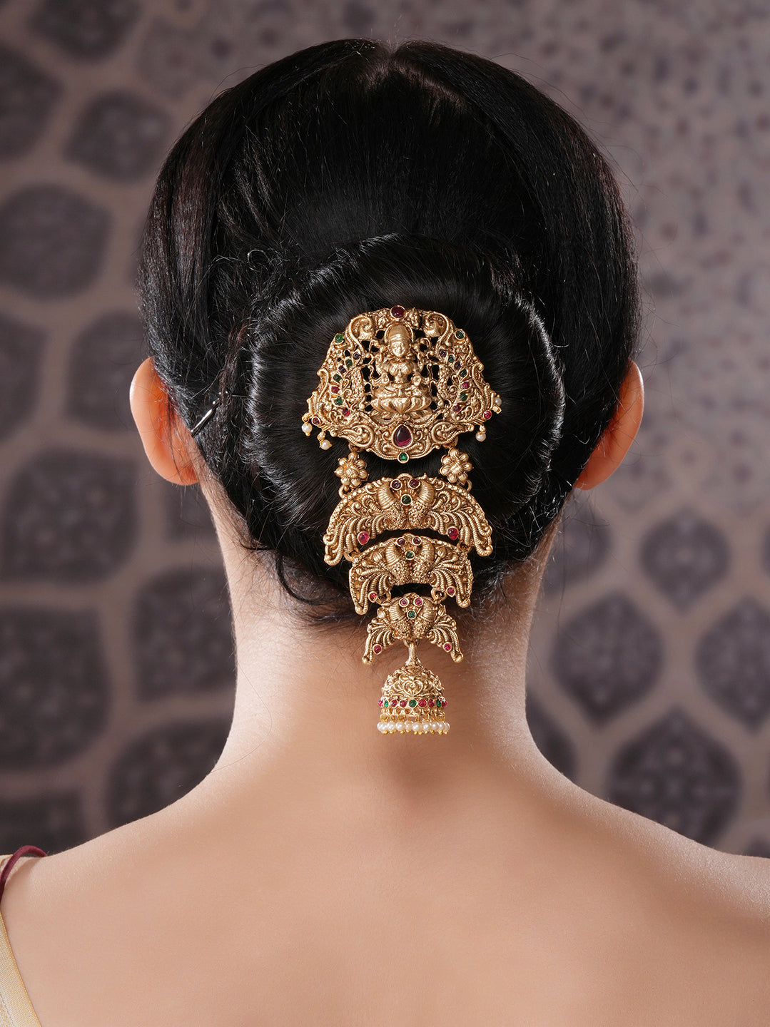 Gold Plated Red Kempo Studded Nagas Lakshmiji Antique Temple Bridal Jadai Billa Hair Braid Choti